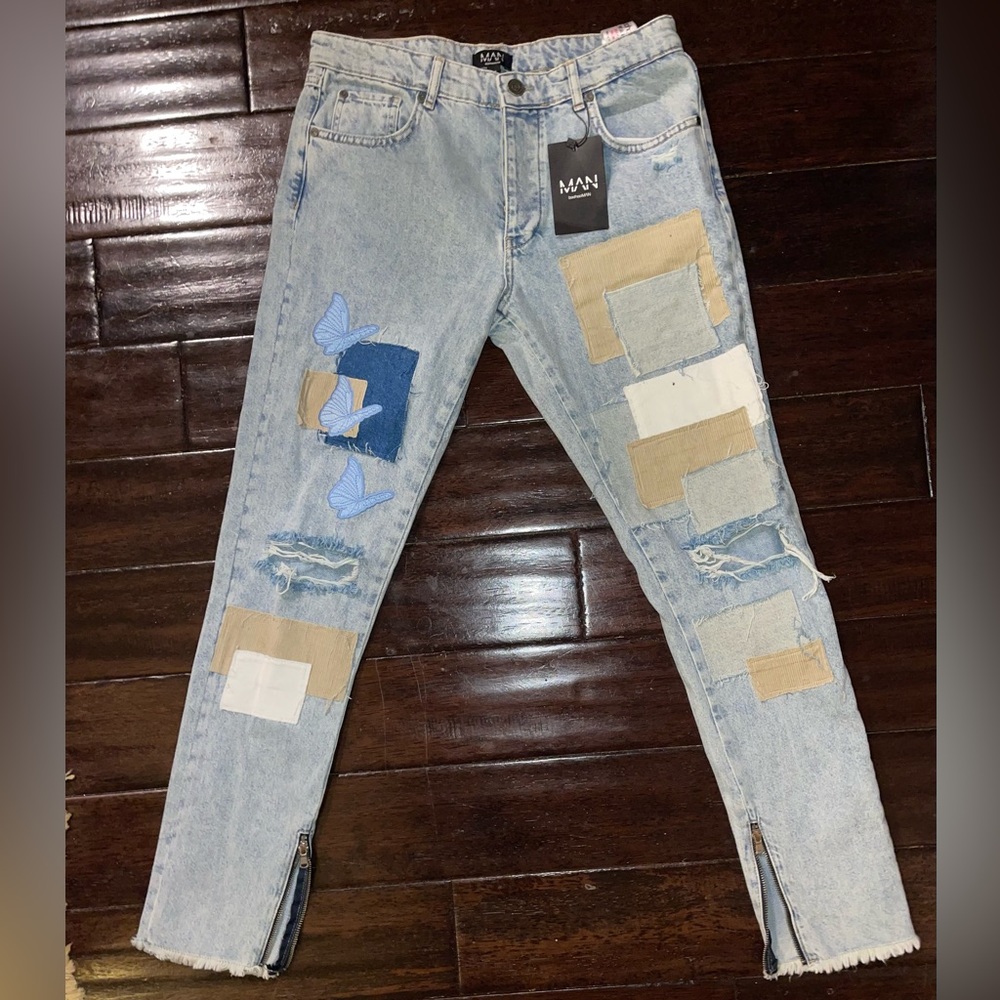 Men’s skinny rigid butterfly patchwork jean